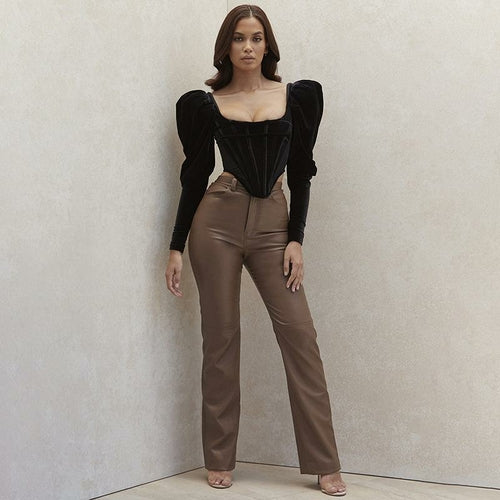 Women Faux Leather High Waist Straight Pants