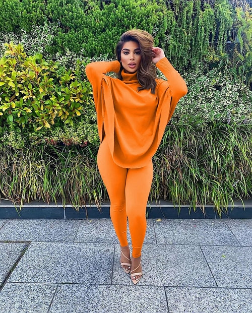 Casual Solid Color Batwing Sleeve Tops and Leggings Two-piece Set