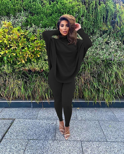 Casual Solid Color Batwing Sleeve Tops and Leggings Two-piece Set
