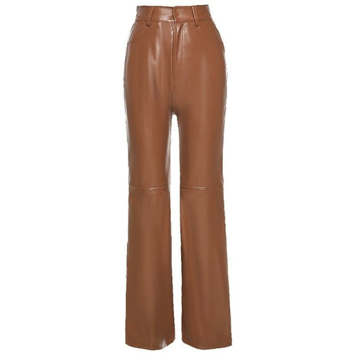 Women Faux Leather High Waist Straight Pants