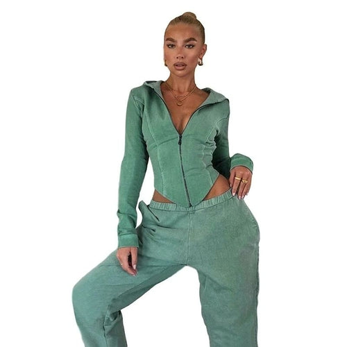 Cotton Solid Matching Sets Full Sleeve Zipper Tops+Pants