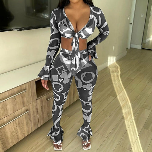 Two Pieces Set Women Tracksuit Long Sleeve Vintage Print Tops and Long