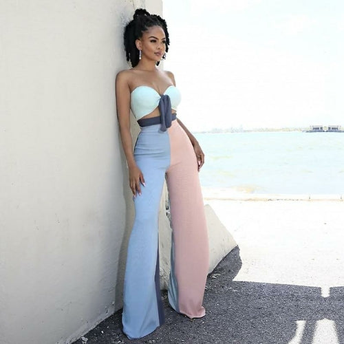 Patchwork Tracksuits Strapless Bow Crop Top And High Waist Wide Leg