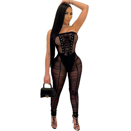 See Through Caged Mesh jumpsuit (Black) Summer Tied Stacked Skinny