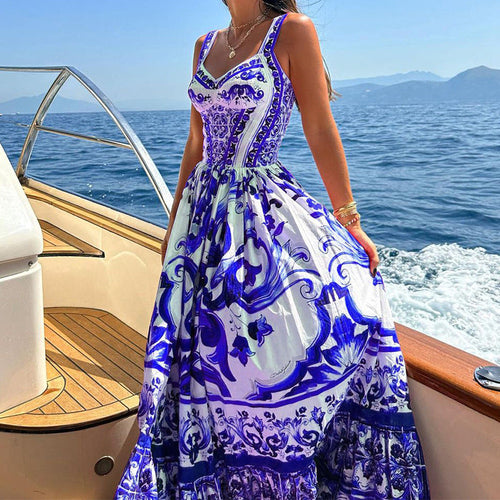 Elegant swing mid length printed camisole dress