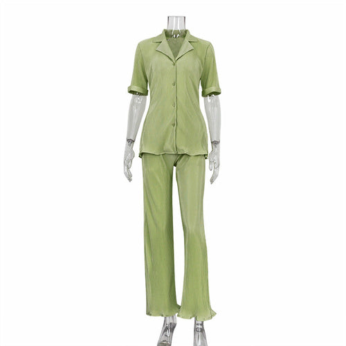 Short Sleeve Shirts  2 Pieces Sexy Green Pleated Trouser Suits