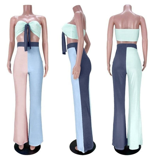 Patchwork Tracksuits Strapless Bow Crop Top And High Waist Wide Leg