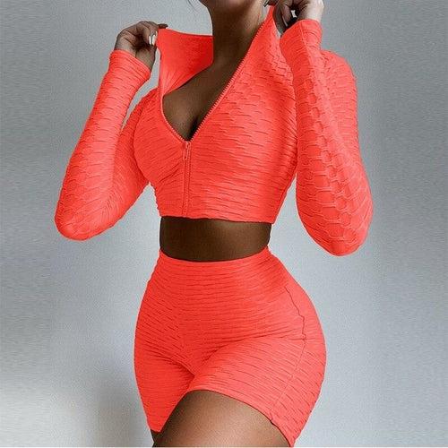 Two Piece Jacquard Suits Long Sleeve Ziipper Crop Top & Bodycon Shorts