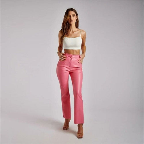 PU Leather Pants Sexy Spice Girl Button High Waist Hip Micro Pull