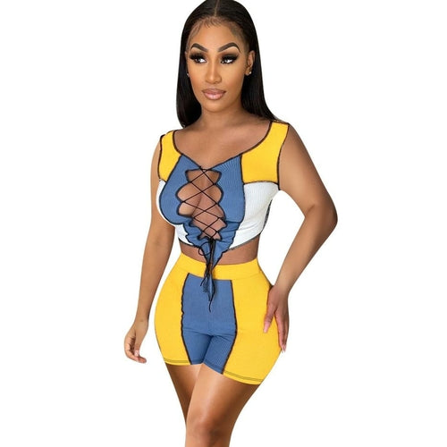 Women's 2 Piece Outfits Sexy Crop Top Straps Shorts Pants Bodycon
