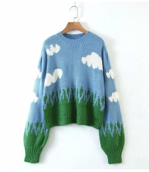 Vintage Knitted Sweater Women Long Sleeve Round Neck Short Pullover